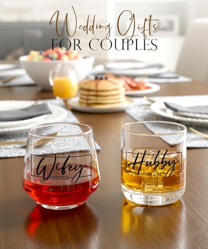 Wifey and Hubby Stemless Wine and Whiskey Glass Set for Couples