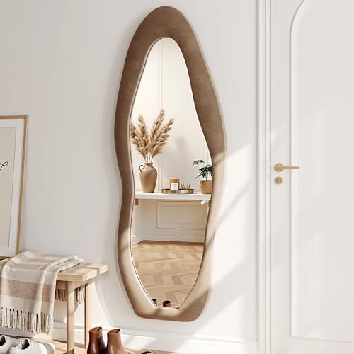 Irregular Full Length Floor Mirror, 63" x 24" Velvet Wavy Standing Mirror
