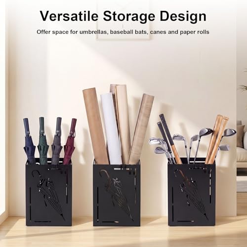 Metal Umbrella Stand with Drip Tray and 4 Hooks, Rectangular Entryway Holder