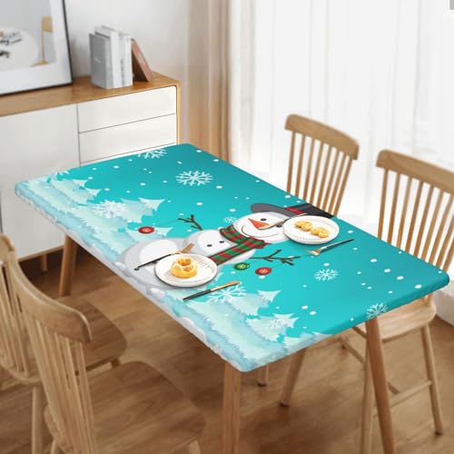 Fiokroo 60x30 Inch Xmas Snowman Xmas Tablecloth with Elastic Edge for Rectangular Tables