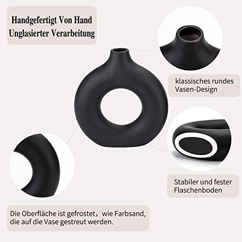 Black Donut Ceramic Vase - Minimalist Hollow Flower Vase for Home Decor