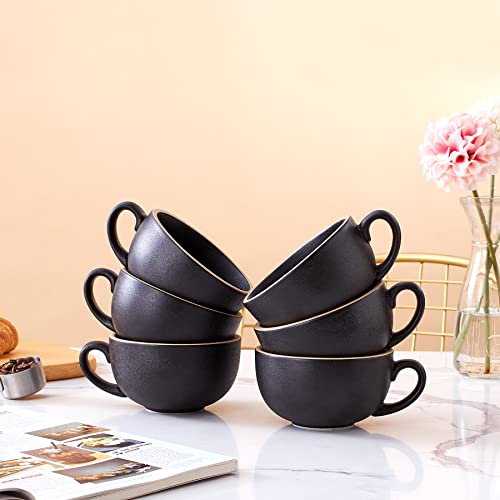 Coffeezone Vintage Black Ceramic Latte Cups Set of 6 12 oz for Barista Coffee Art