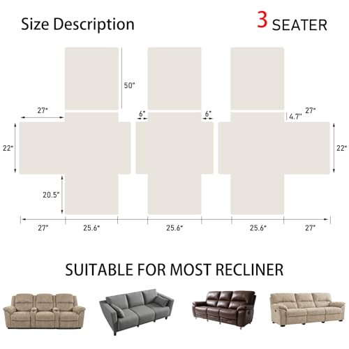 Waterproof Recliner Sofa Cover 3 Seater - Light Gray, 76.8"
