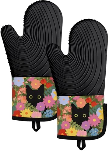 Long Heat-Resistant Silicone Oven Mitts - 2-Piece Quilted Cotton Baking Gloves
