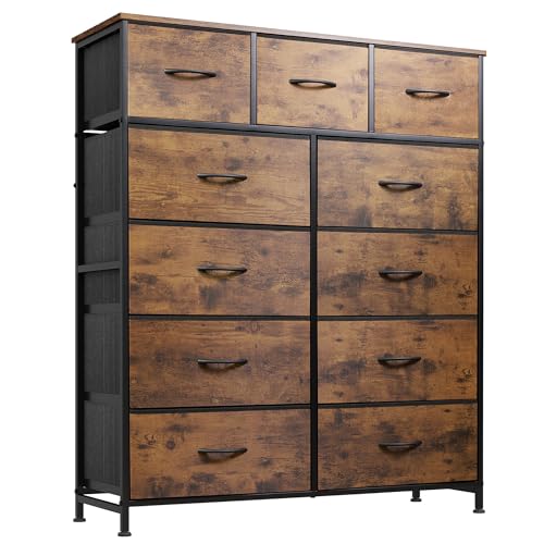Tall Fabric Dresser with 11 Drawers and Wood Top, Rustic Brown Storage Chest