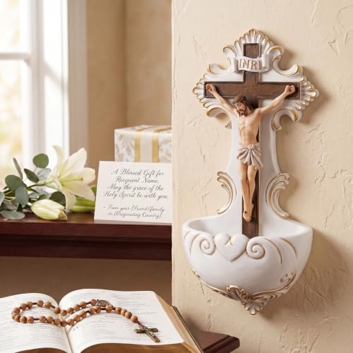 Jesus Crucifix Wall-Mounted Holy Water Font for Home and Church Decor