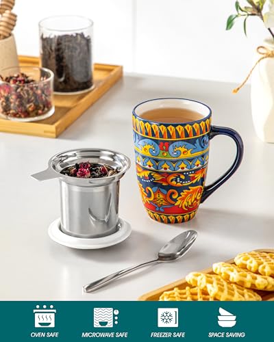 Vancasso Midnight Peacock 18 oz Tea Infuser Mug with Lid - Elegant Ceramic Coffee & Tea Cup