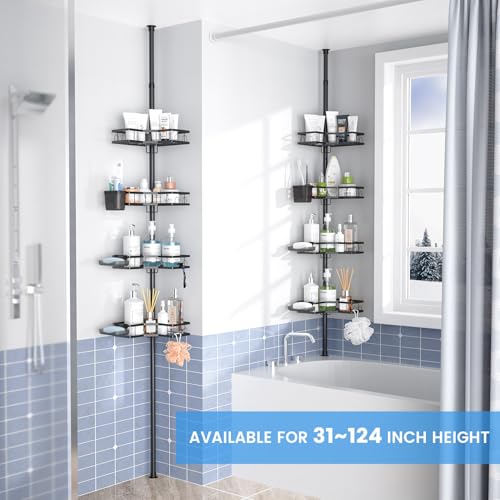 Adjustable Shower Caddy Tension Pole - 4-Tier Rustproof Corner Shelf