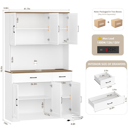 71" Tall Farmhouse Kitchen Pantry Cabinet with Charging Station, White