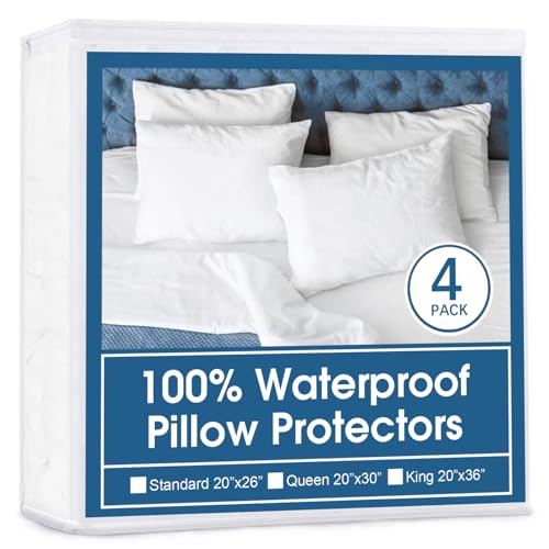 4-Pack Waterproof Pillow Protectors, Standard Size Zippered Pillow Covers