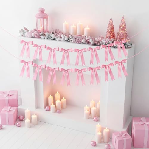 2-Pack Pink Bow Garland Banner - Pre-Strung Satin Ribbon Party Decor