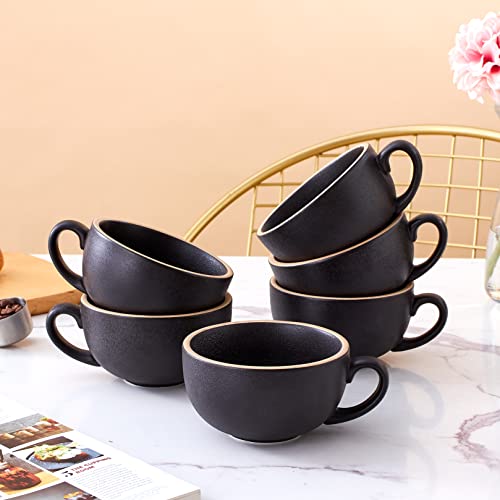 Coffeezone Vintage Black Ceramic Latte Cups Set of 6 12 oz for Barista Coffee Art