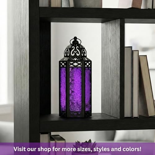 Moroccan Gothic Candle Holder Lantern - Purple Iron, 10.5" Tall