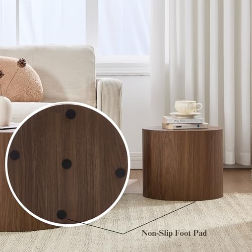 Round Wooden Nesting Coffee Table Set of 2, Walnut Finish End Tables