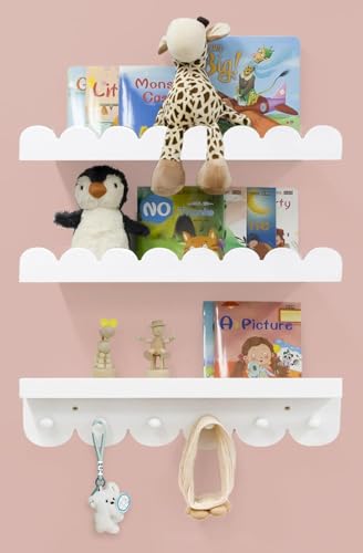 White Wood Wall Book Shelves with Hooks - Set of 3, 16 Inch, Nursery & Kids Room Decor