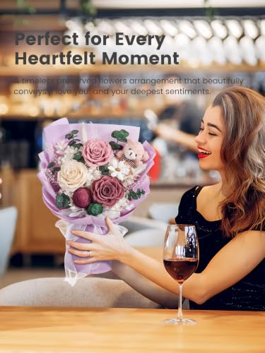 Preserved Rose and Hydrangea Bouquet with Bear - Long-Lasting Floral Gift