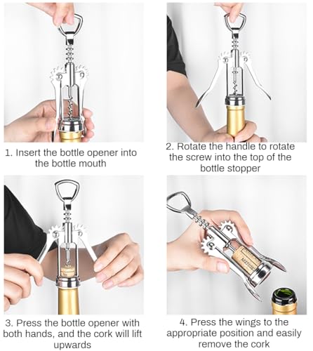 HuaHengHT Zinc Alloy Wing Corkscrew Wine Opener with Vacuum Stopper - Multi-Purpose Bottle Opener for Wine, Beer & Soft Drinks