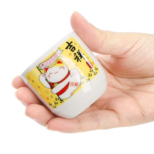 Goaste Ceramic Japanese Sake Set with 4 Cups & 1 Bottle - Maneki Neko Fortune Cat Pattern