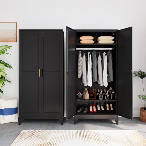 71-Inch Metal Wardrobe Closet with Hanging Rod, Shelves, and Drawers