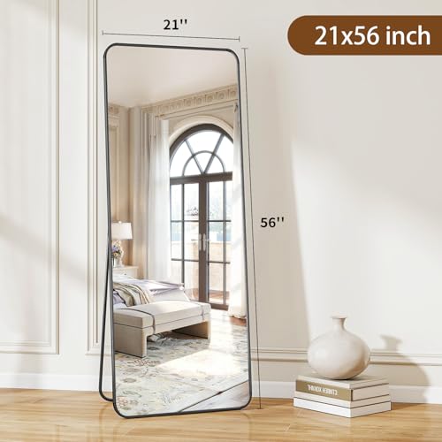 56" x 21" Full Length Floor Mirror, Aluminum Alloy Frame - Black