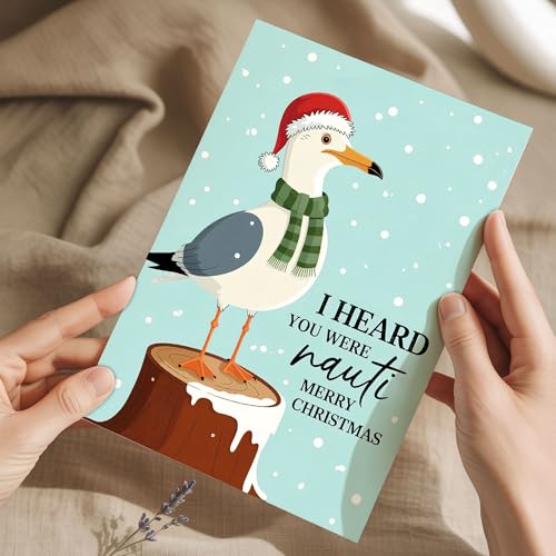 Podagree I Heard You Were Nauti Christmas Card – Funny Nautical Seagull Santa Hat Greeting Card