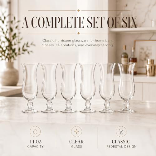 Khen 6 Pack 14oz Hurricane Glasses - Clear Tulip Drinkware for Cocktails, Juices, Water, Tropical Beverages