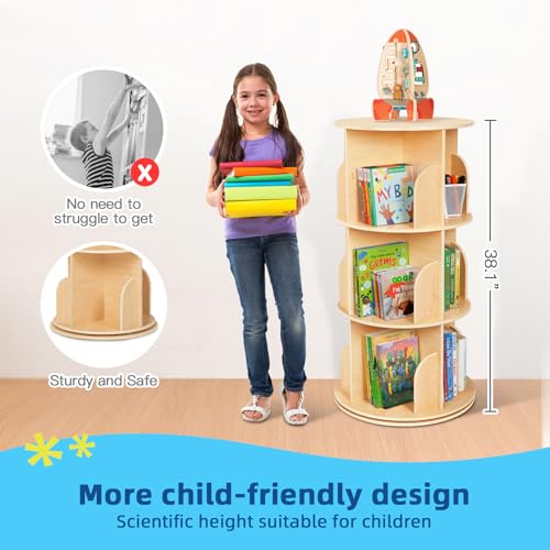 3-Tier Rotating Bookshelf, Spinning Corner Bookcase for Kids & Nursery