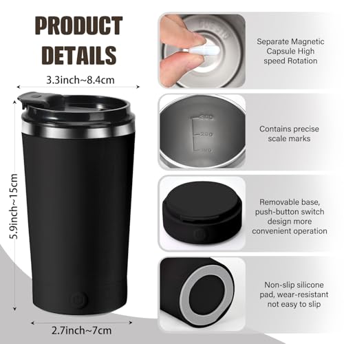 Hatisan Black Self Stirring Coffee Mug 400ml, Rechargeable Stainless Steel