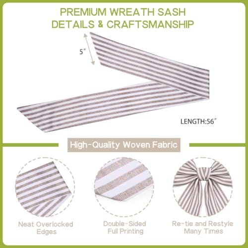 Neutral Ticking Stripe Wreath Sash for Front Door 56 Inch Long