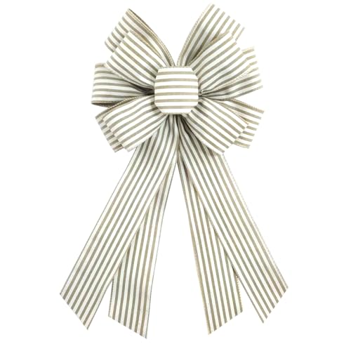 Natural Burlap Wreath Bow - 20x11 Inch Light Khaki Striped Ribbon Decor