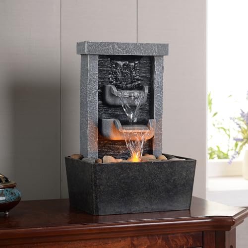 Tabletop Indoor Waterfall Fountain with LED Lights & Natural River Rocks