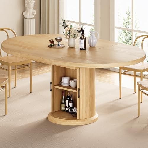 Extendable Round Dining Table 47"-63" with 2-Tier Storage, Pedestal Base