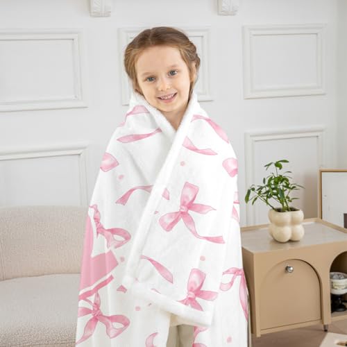 Pink C & White Bow Blanket Throw 50x60 Fleece & Sherpa Kids Teen Girl Decor