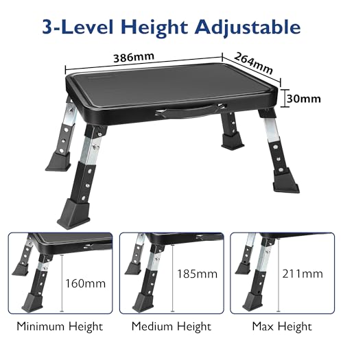 3-Level Adjustable Folding Step Stool, Heavy Duty Metal Foot Stool, 330lbs