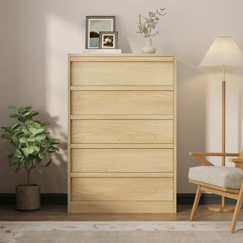 5-Drawer Wooden Dresser, Tall Bedroom Chest with Ample Storage, Natural Oak