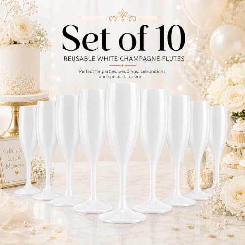 SAIAOKJ White Plastic Champagne Flutes 6 Oz - 10 Pack for Parties & Events