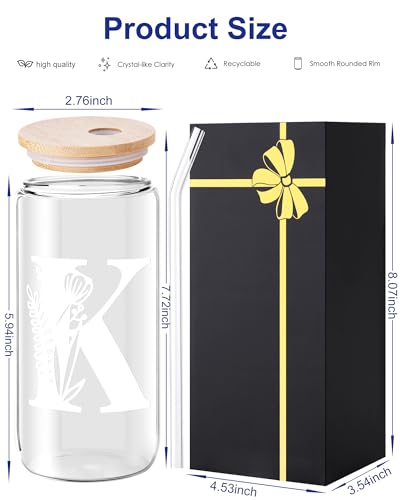 Yekidos Personalized Glass Tumbler with Lid & Straw - Monogram Initial K, Teacher Appreciation Gift, Woman Retirement Present, Work Essentials
