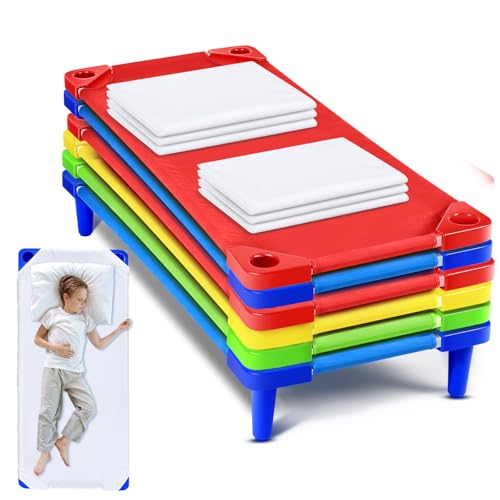 Multi-Color Stackable Toddler Daycare Cots with Sheets - 54 x 23 inches, Burbell