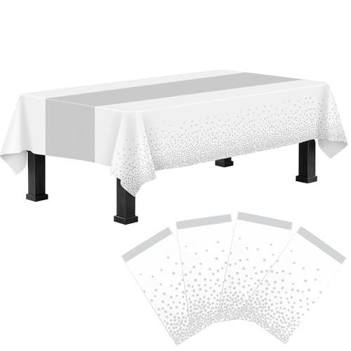 4 Packs White & Silver Plastic Tablecloths 54 x 108 in with Silver Table Runner – Ammbeetty, Rectangle Party Decor