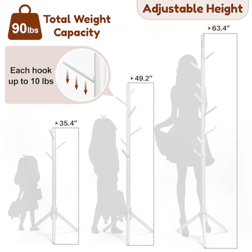 Adjustable Kids Coat Rack Stand - 9-Hook Beech Wood Freestanding Tree