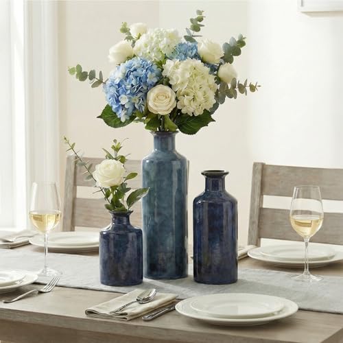 Blue Ceramic Vase Set of 3 - Modern Farmhouse Rustic Decorative Table Centerpiece