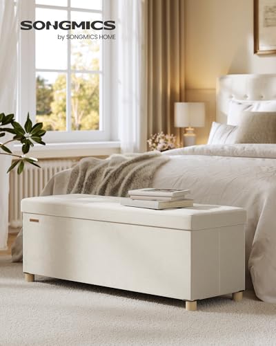 Velvet Storage Ottoman Bench, 43-Inch Folding Footrest Stool, Beige