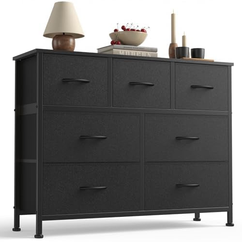 7 Drawer Fabric Dresser for Bedroom Storage with Wooden Top and Steel Frame