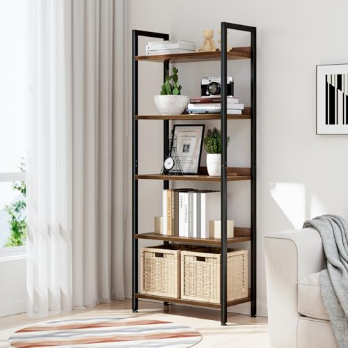 5-Tier Freestanding Bookshelf - Metal Frame & Wood Shelving Unit