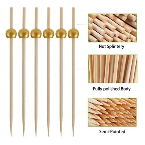 200 Pcs 4.7-Inch Bamboo Cocktail Picks with Gold Ball for Appetizers