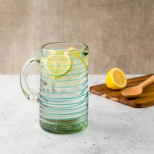 Mexican Handblown Glass Pitcher with Aqua Swirl - Eco-Friendly, Lead-Free, Dishwasher Safe