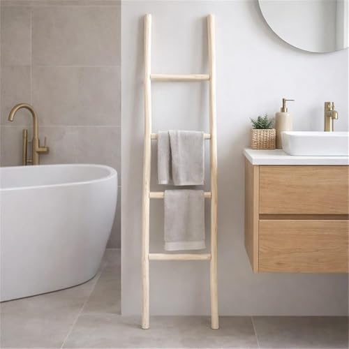 4-Tier White Wash Wood Ladder Blanket Rack, Distressed Decorative Organizer
