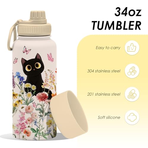 Xiiai Black Cat Water Bottle 34oz with Floral Design for Cat Lovers - Variation Cat-Flower1