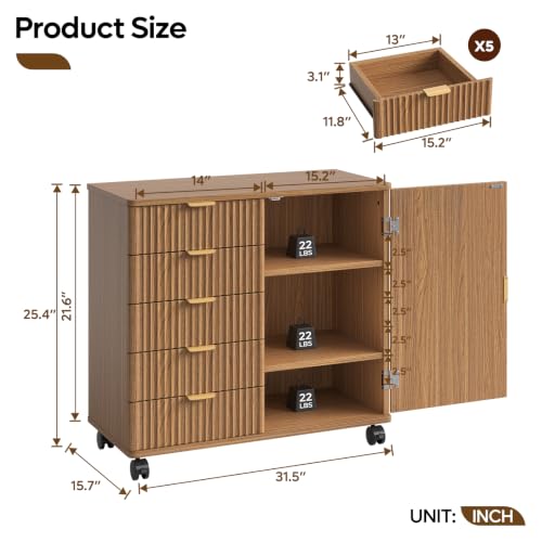 5-Drawer Mobile Office Storage Cabinet with Fluted Wood Design
