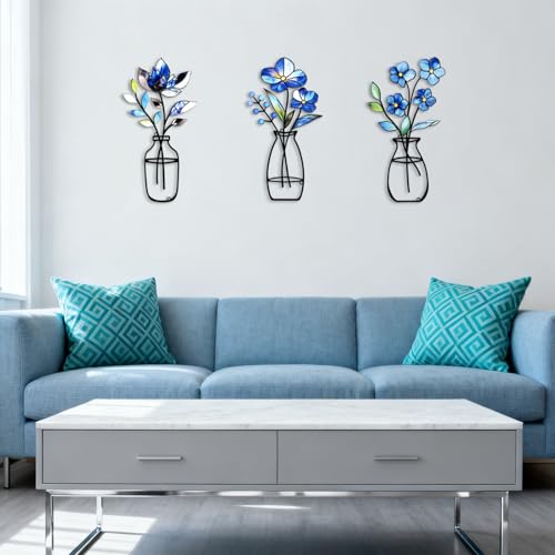3-Piece Metal Vase Wall Art Set, Rustic Blue Iron Floral Wall Decor